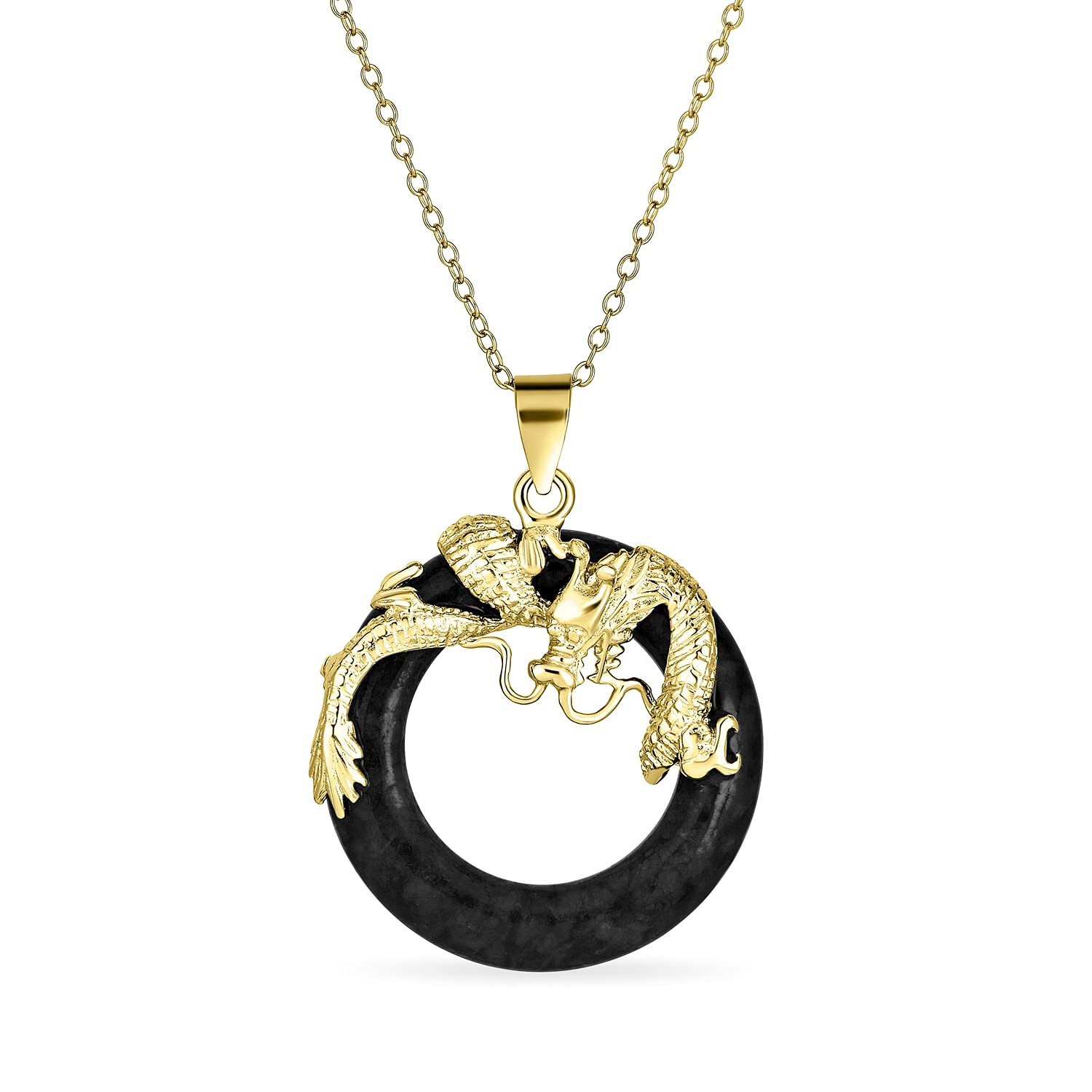 Bling Jewelry Asian Style Round Open Circle Disc Black Onyx Dragon Pendant Necklace For Women Gold Plated .925 Sterling Silver