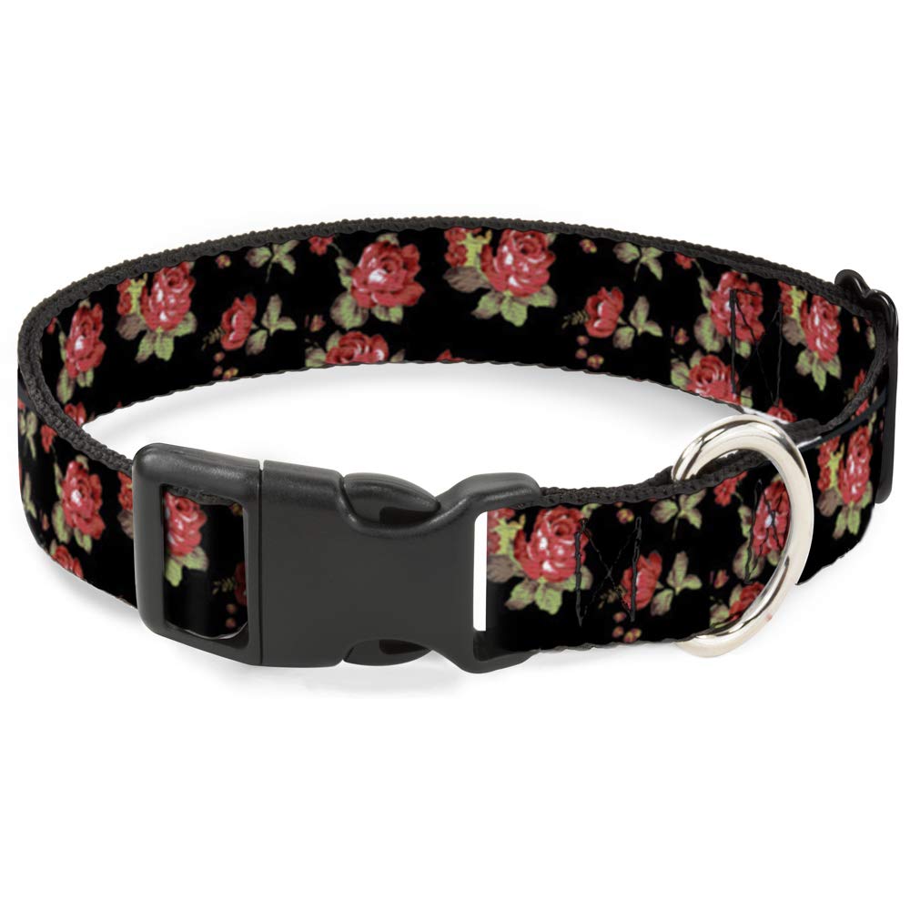 Buckle Down 16-23" Red Roses Scattered Black Plastic Clip Collar, Wide Medium