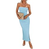 PRETTYGARDEN Women's Summer Bodycon Maxi Tube Dress Ribbed Strapless Side Slit Long Going Out Casual Elegant Party Dresses