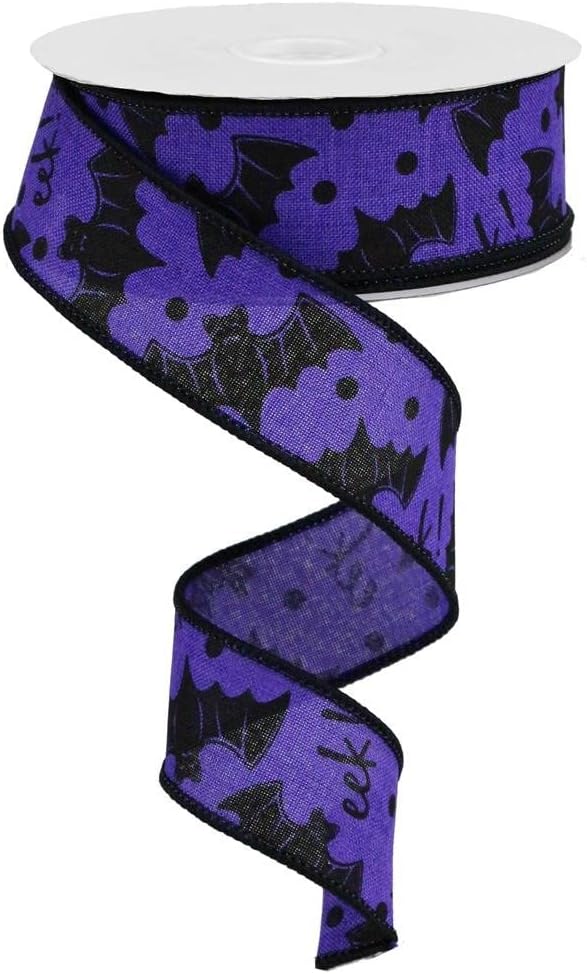 Bows & Ribbons - Purple Bats Halloween Wired Ribbon - 1 1/2