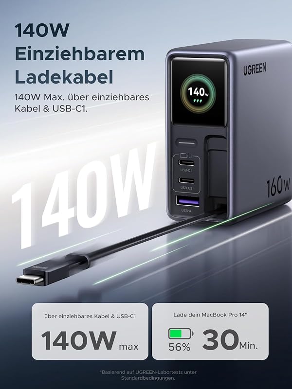 Nexode Pro 160W USB C Ladegerät mit einziehbarem Kabel, TFT Display