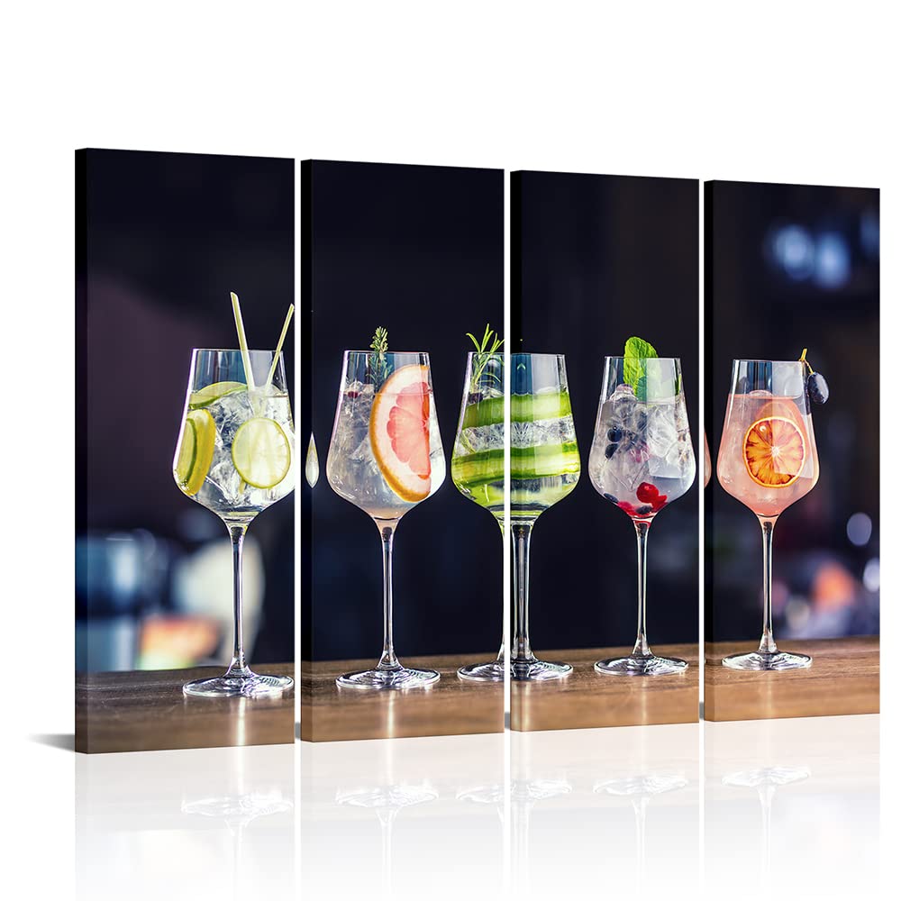 Photo 1 of iLOOKLiKE 4 Panels Cocktail Canvas Wall Art Sparkling Liquor Wall Decor Wine Drink Cup Glass Painting Pictures Stretched and Framed for Pub Bar Tavern Nightclub 12x32inchx4pcs