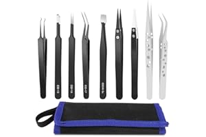 Precision Tweezer Set,HANDSKIT Tweezers Curved Kit ESD Anti-Static Flat Head Tweezers Kit Curved Tweezers Pointy Tweezers for Craft,Jewelry,Electronics,Laboratory Work 9 Pieces (9 Pieces Set)