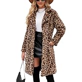 chouyatou Women's Open Front Leopard Print Faux Fur Long Trench Coat Lapel Collar Furry Jacket Coat