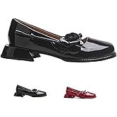 MVIOBUY Women's Square Toe Block Heel Mary Janes Shoes,Fashion Side Flowers Comfortable Closed Toe Work Pumps Slip on Chunky Heel Dress Shoes
