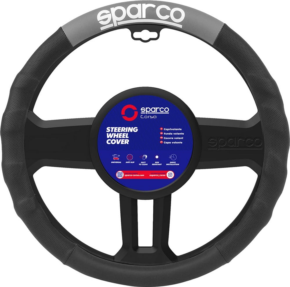 SPARCO SPC1111GR Universal Car Steering Wheel Cover, Black/Light Blue