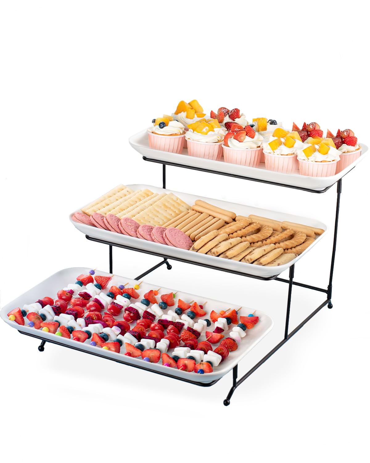 Photo 1 of Delling Large 3 Tier Serving Tray Set, 16 Inch Porcelain Tiered Serving Trays Platters with Collapsible Serving Stand, Suitable for Dessert Table Display Set, Serving Dishes for Entertaining
