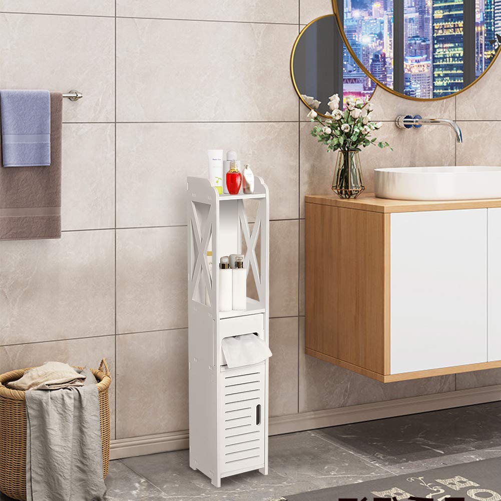 Ejoyous Tall Bathroom Cabinet with Open Compartment and Fabric Storage Shelf for Living Room, Bedroom and Corridor - Waterproof, Standing 80 x 15.5 x 15.5 cm (White)