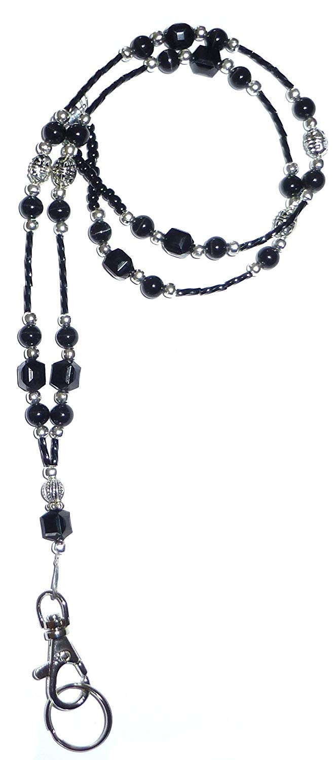 Super Slim Black Fashion Women's Beaded Lanyard with Break Away Magnetic Clasp 34 inches