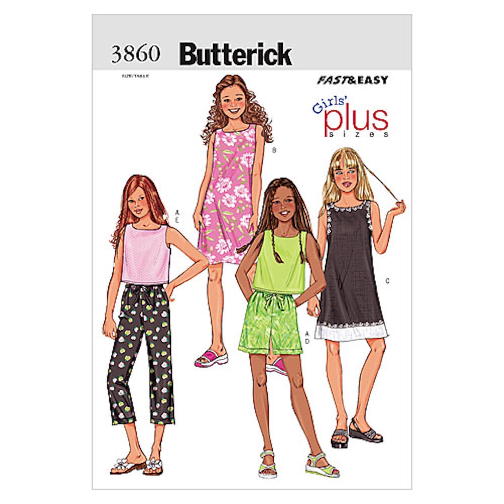 Butterick Sewing Pattern B3860 Girls’/Girls’ Plus Top, Dress, Shorts & Trousers Multicoloured