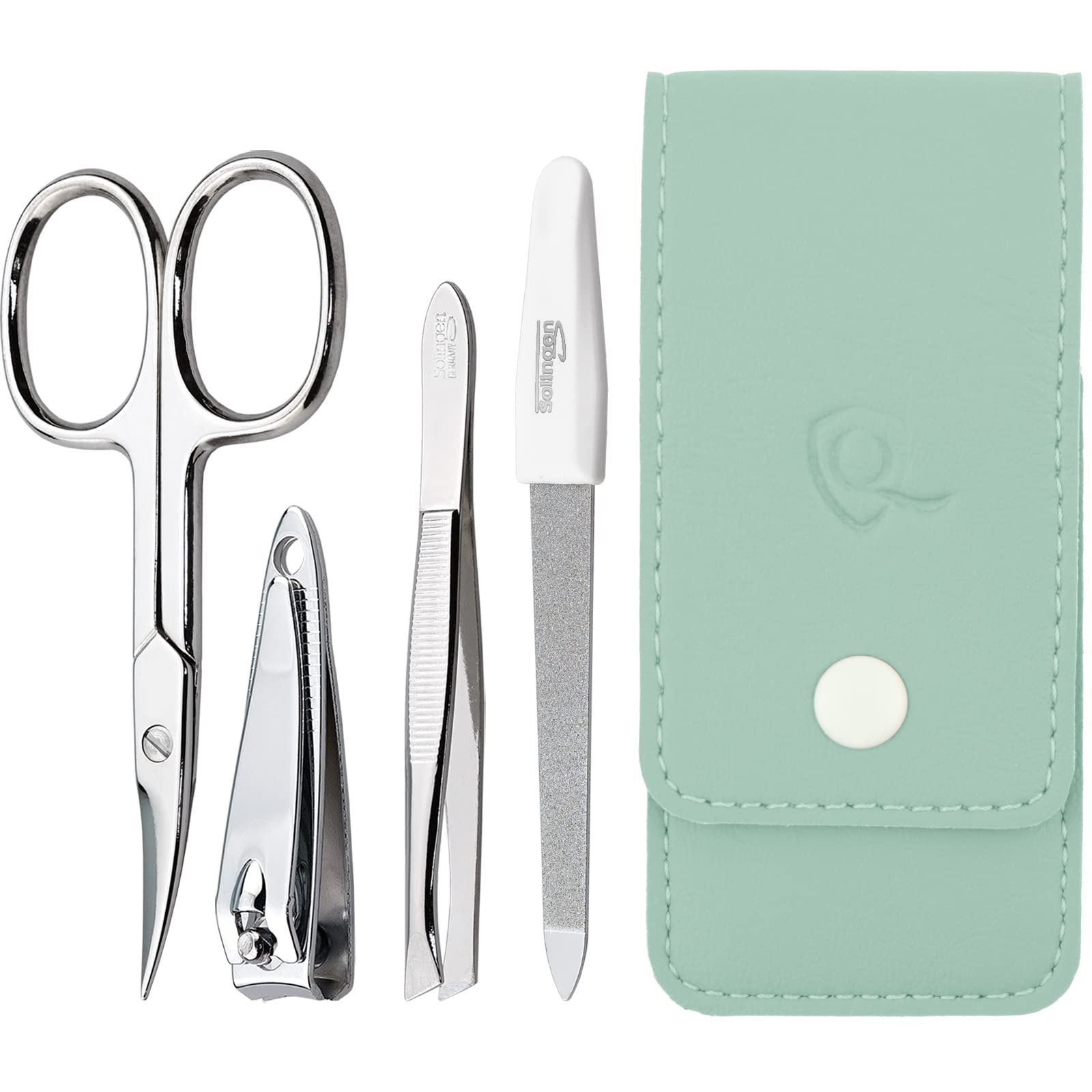 Solingen Manicure Set for Women and Men - 4-Piece Nail Kit, comprising sharp scissors, tweezers, nailclippers, and sapphire nailfile - Ideal for travelling, mint