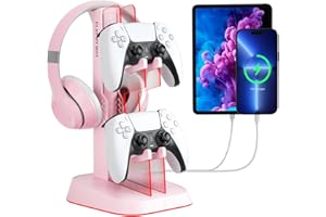 Gutahare Acrylic Gaming Headphone Stand 6 RGB Lights Controller Holder Headset Desk Holder Earphone Stand Controller Stand Gaming Accessories for PS4 PS5 Controller Xbox ONE (Pink)
