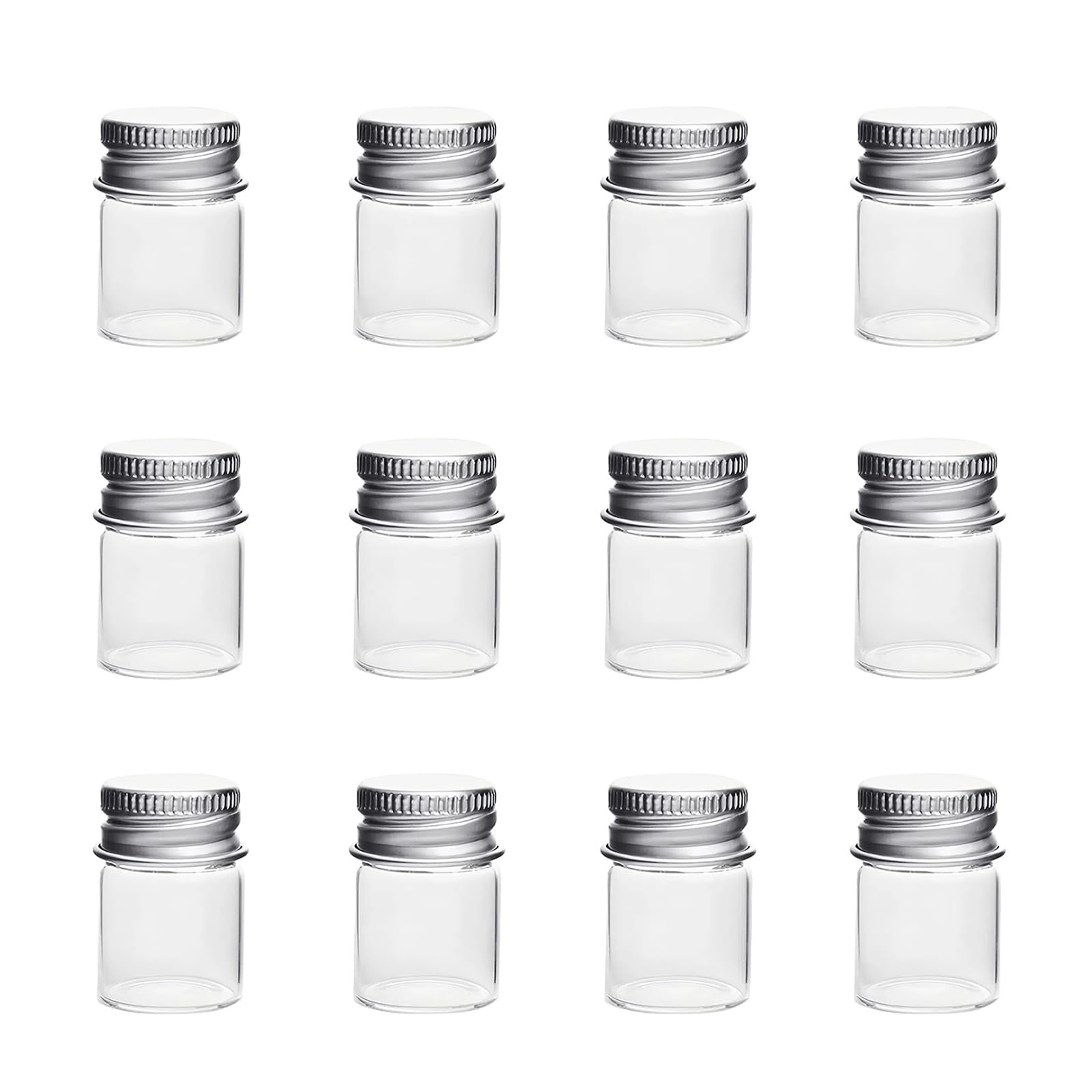 12Pcs 5ml Mini Clear Glass Bottles with Aluminum Screw Caps Empty Sample Jars Vials Wedding Favors Message Containers DIY Craft Supplies