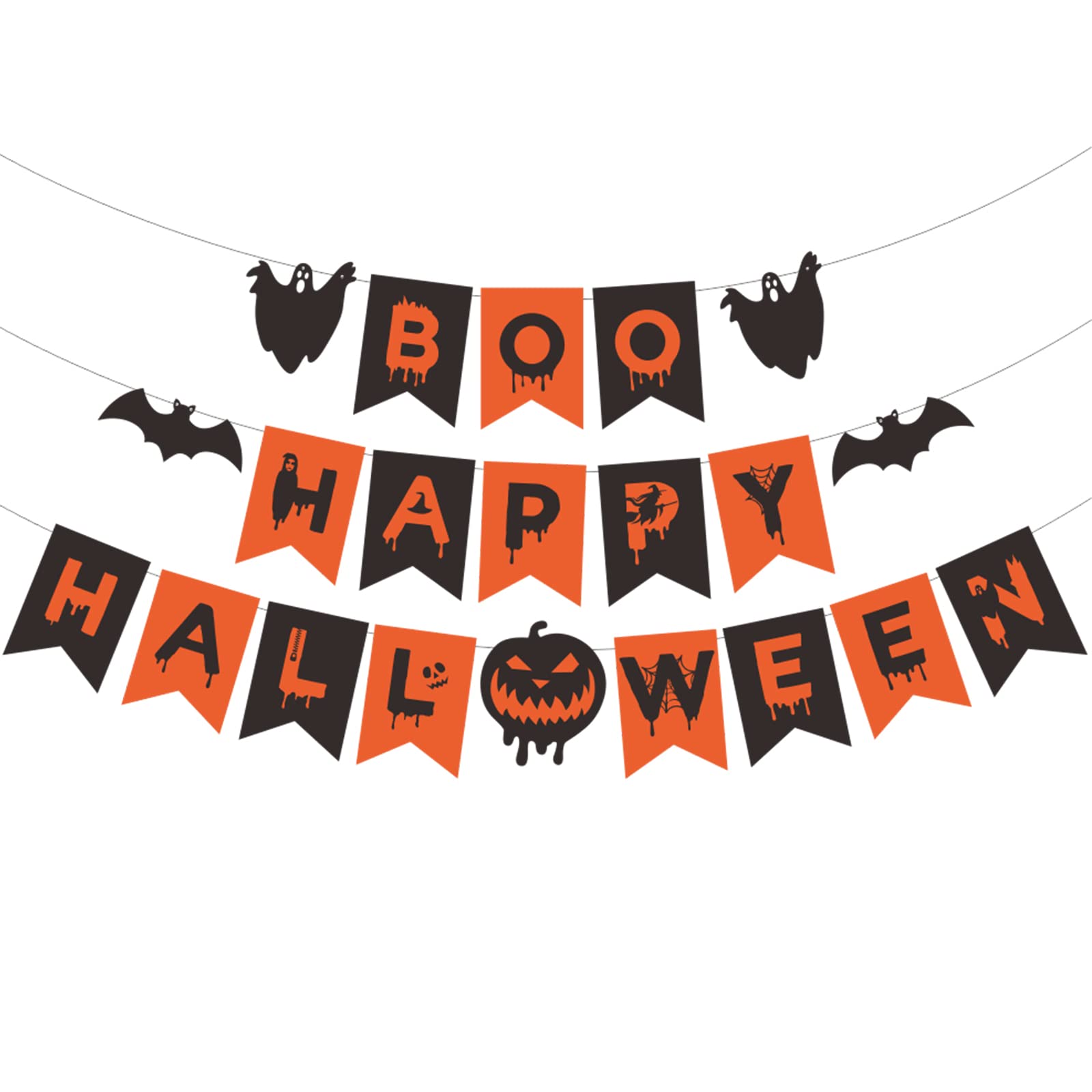 Elicola Happy Halloween with BOO Banner Bunting Flag Pumpkin Bat Decorations Backdrop for Party Decorations