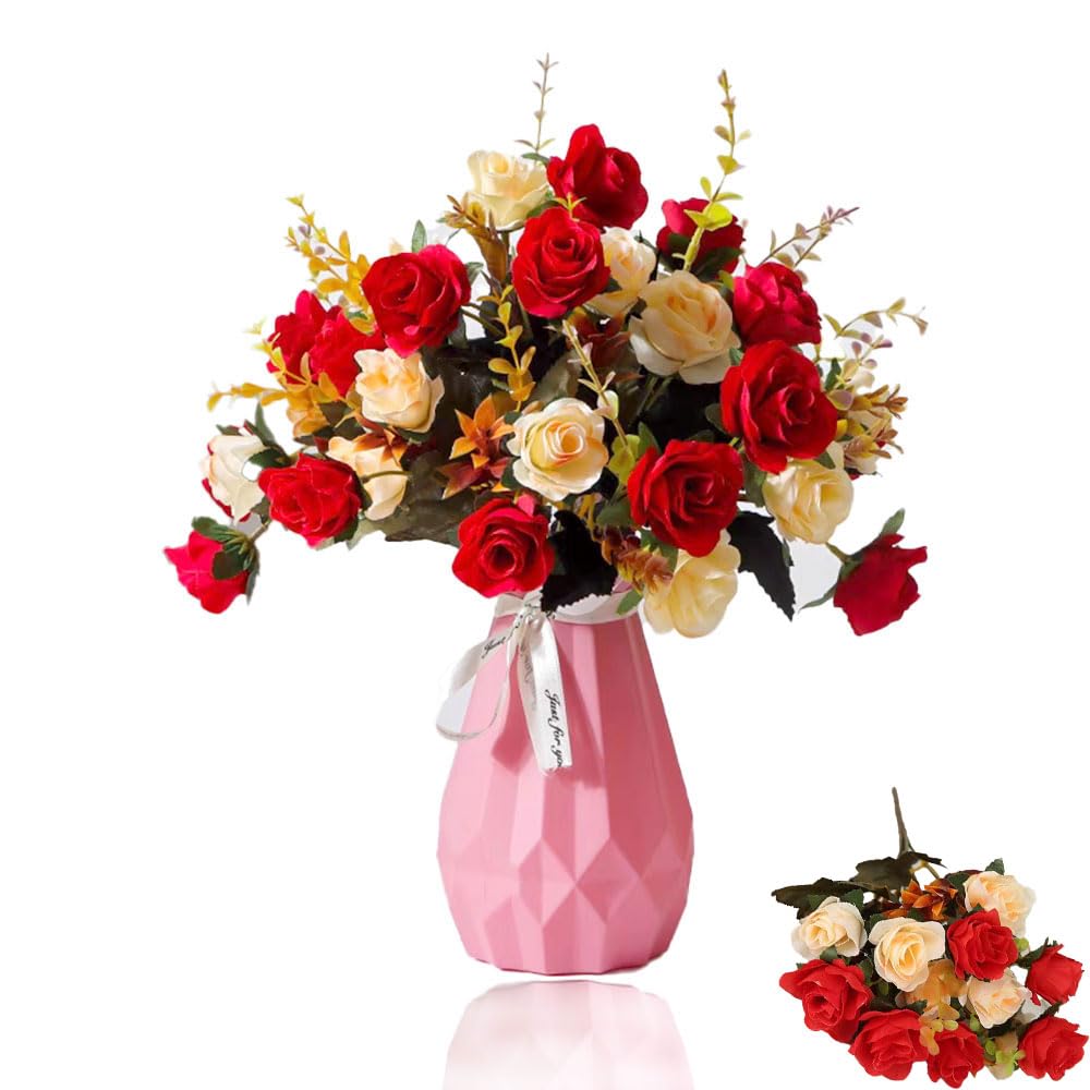 Taasmoog 3 Bundles Artificial Flowers Rose, Faux Realistic Bouquet Red Roses Artificial Flowers Outdoor UV Resistant Plants Faux Plastic Greenery Shrubs for Home Office Party Decor