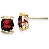 14k Yellow Gold Stud Earrings with Cushion Cut Deep Red Garnet Gemstones, Grid Design Posts, January Birthstone Jewelry for Women, Elegant Formal Evening Wear, Classic Romantic Gold Studs 8.4x6 mm