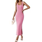 ZESICA Womens 2026 Summer Casual Square Neck Bodycon Midi Dresses Spring Sleeveless Side Slit Knit Beach Vacation Long Dress