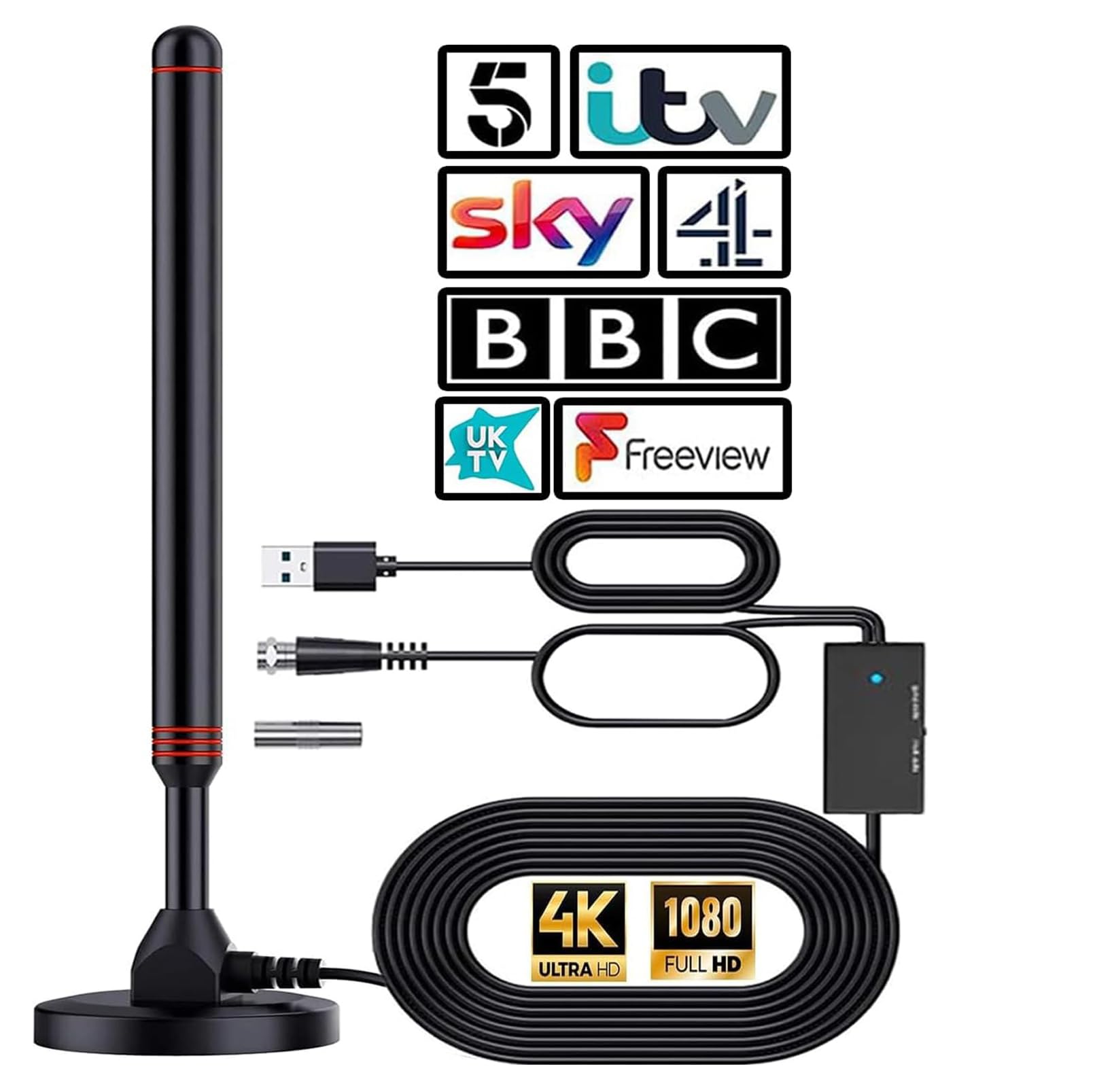 TV Aerial -2024 New upgrade -High Gain Indoor TV Aerial HD Portable Indoor/Outdoor Digital HD Antenna for USB TV Tuner/DVB-T/DVB-T2, 4K 1080P HDTV for All TV - With Magnetic Base [Black]