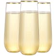 N9R 12 Pack Plastic Champagne Flutes, 9 oz Stemless Disposable Gold Rim Toasting Glasses, Crystal Clear Cocktail Cups Drinkware Shatterproof Ideal for Party Wedding Birthday