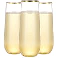 N9R 12 Pack Plastic Champagne Flutes, 9 oz Stemless Disposable Gold Rim Toasting Glasses, Crystal Clear Cocktail Cups Drinkwa