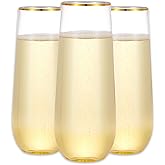 N9R 12PCS Plastic Champagne Flutes, 9 oz Stemless Disposable Gold Rim Toasting Glasses, Crystal Clear Cocktail Cups Drinkware Shatterproof Ideal for Party Wedding Birthday