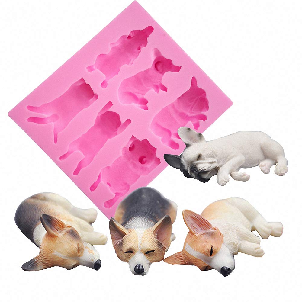 Fewo 6-Cavity Sleeping Dog Corgi and French Bulldog Silicone Mold for Fondant Chocolate Candy Gum Paste Polymer Clay Resin Kitchen Baking Sugar Craft Cake Cupcake Decorating Tools ()