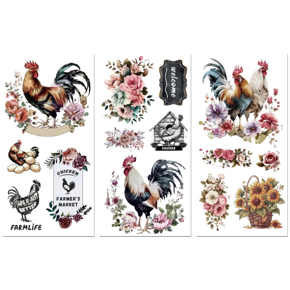 Peacoblue Rub on Transfer Decals for Furniture Crafts 6"x12", 3Pcs Chicken Waterproof UV DTF Transfer Decals Sticker for Farmhouse Glass Porcelain Wood Kitchen Refrigerator Dresser