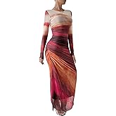 MOEENCN Women Sheer Mesh Maxi Dress Long Sleeve Bodycon Birthday Outfits Ruched Tie Dye Cocktail Club Party Dresses