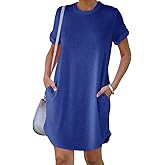 YEXIPO Women's Casual Summer Short Sleeve T Shirt Dress Nightgown Crew Neck Loose Solid Color Basic Dresses with Pockets