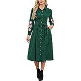 Women’s Corduroy Embroidered Maxi Shirt Dress Long Sleeve Button Down Belted Casual Spring Fall Western Long Dresses