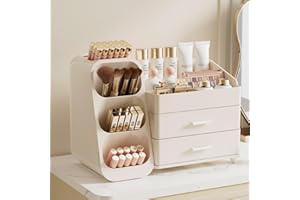 KQJS Makeup Organizer with Drawers,Large Capacity Countertop Organizer for Vanity,Bathroom and Bedroom Desk Cosmetics Organizer,Easy To Storage Skincare,Brushes,Lotions,Lipstick (All Cream)