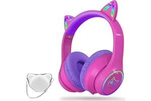 LOBKIN Bluetooth 5.4 Kids Headphones with Case - RGB LED Light Up Cat Ears Foldable Adjustable Over Ear Headphone Support Wireless or 3.5mm Wired Mode for Toddler & Girls & Boys Teens