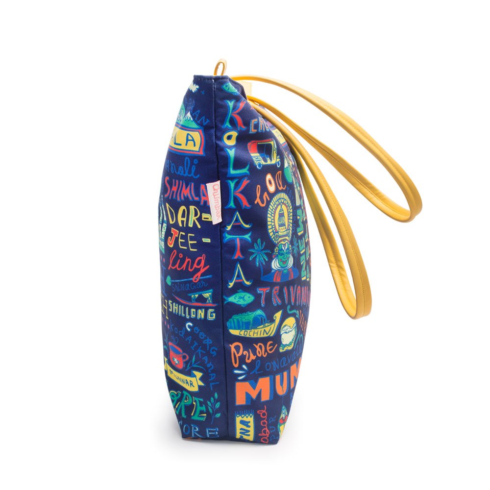 chumbak travel diaries women's polyester navy blue tote bag