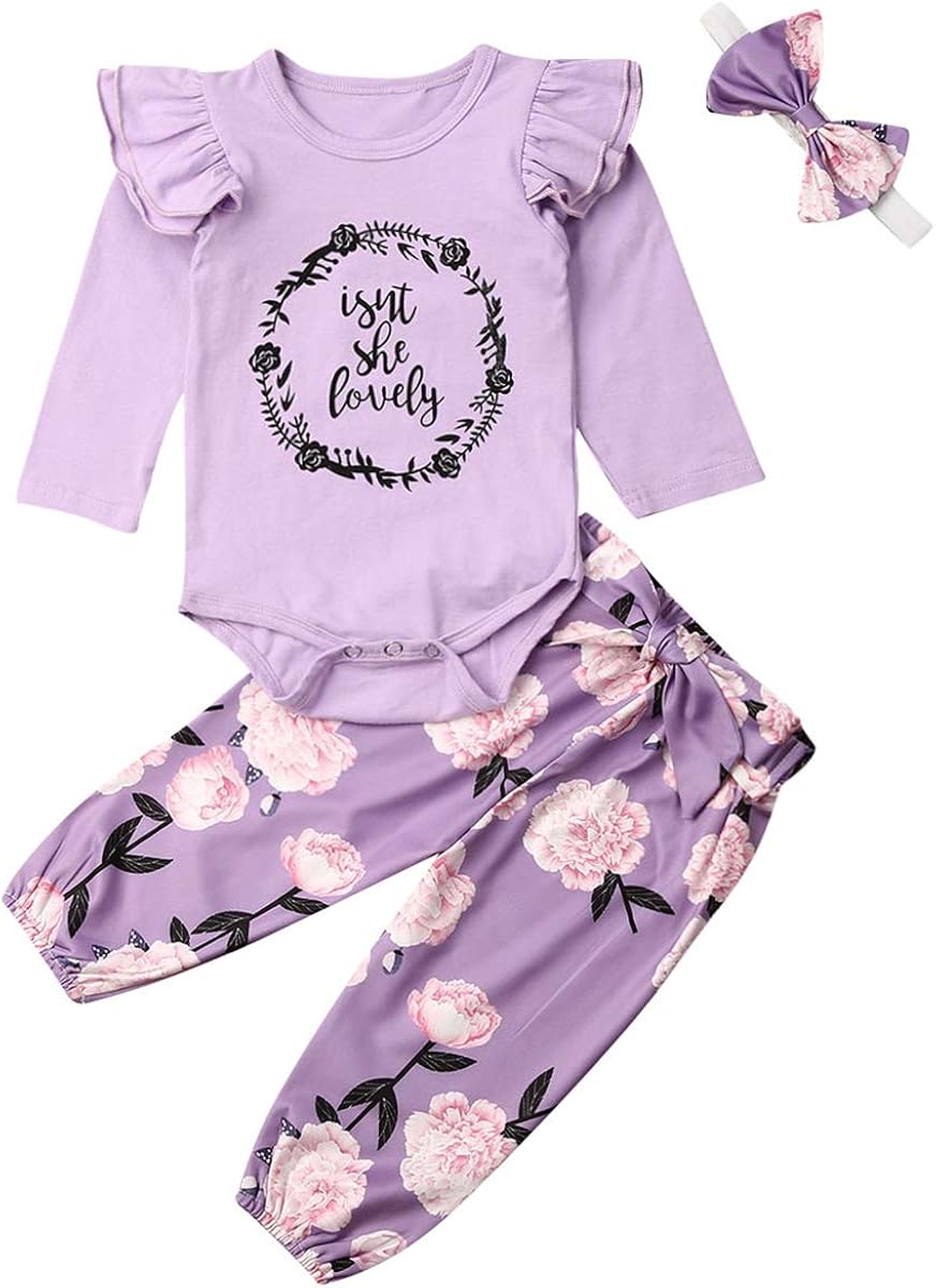 Newborn Baby Girl Clothes Isnt She Lovely Outfit White Romper Bodysuit Tops Floral Pants Set with Headband Hat 4Pcs Clothing