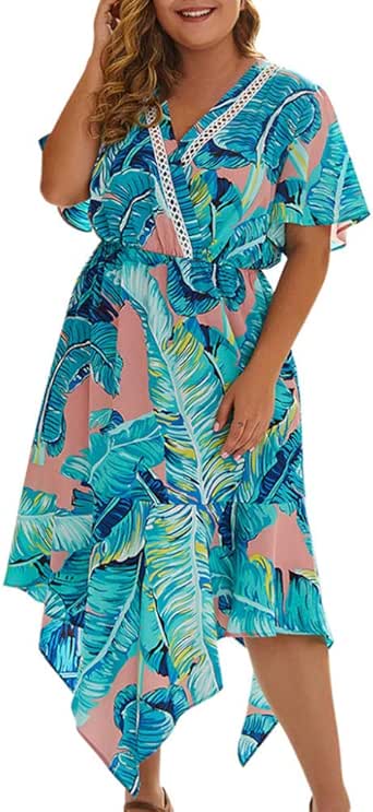 Mujer Dress Vestido De Manga Corta con Estampado De Hojas De Bohemia De