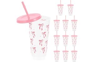 UKQRRTC 12 Pcs Pink Bow Plastic Cups with Lids and Straws, 24 oz Premium PP Texture Drinking Cups for Guest Serving for Weddi