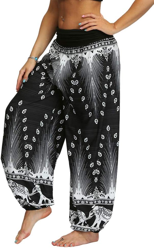 ENLACHIC Women Elastic Waist Harem Boho Print Yoga Casual Loose Leggings Pants