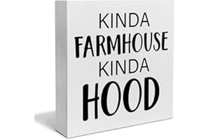 PIXCEOS Home Decorative Wooden Box Sign Kinda Farmhouse Kinda Hood Wood Block Plaque Decor Modern Shelf or Wall Display for Living Room Bedroom