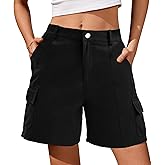 Sunidol Women Cargo Shorts Bermuda Knee Length Button Elastic Waist Hiking Long Shorts with Pockets Summer Outfits