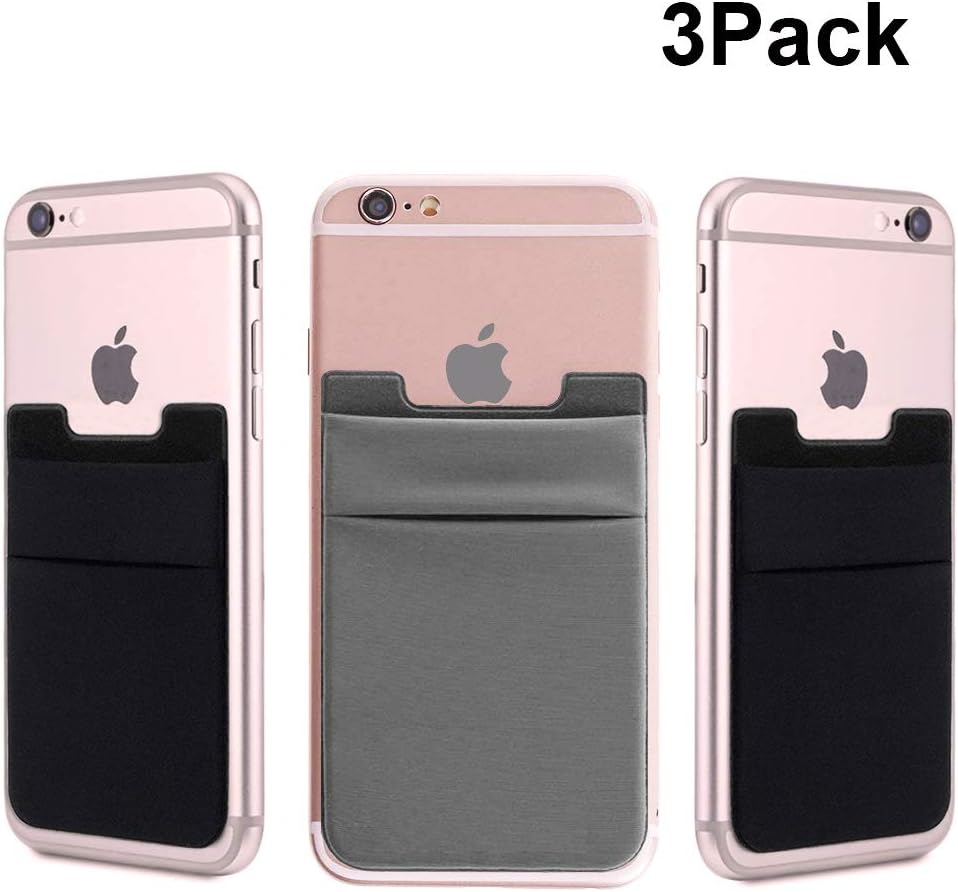 Ama Forest Cell Phone Card Wallet, 3Pack Ultra Slim Silicone 3M Self Adhesive Stick on Wallet for ID Credit Card Phone Sleeves Pocket for iPhone Android Samsung Galaxy Black+ Pink (Grey)
