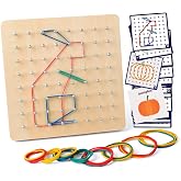 Coogam Wooden Geoboard Mathematical Manipulative Material Array Block Geo Board &ndash; Graphical Educational Toys with 30Pcs Pattern Cards and Latex Bands Shape STEM Puzzle Matrix 8x8 Brain Teaser for Kid