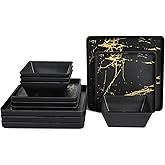 Yummost Melamine Dinnerware Sets - 12pcs Square Plates and Bowls Sets For 4, Indoor Outdoor Use, Dishwasher Safe, Black & Gold