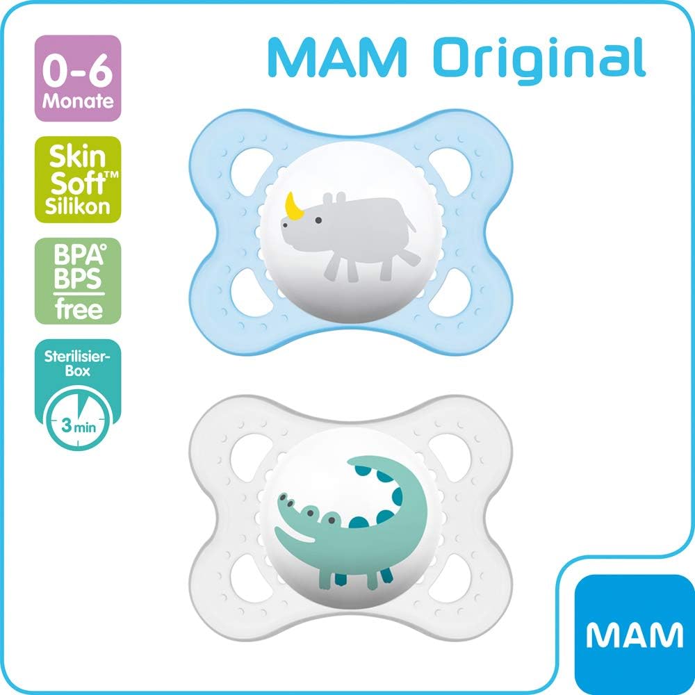 MAM Silicone Original Dummy 0-6 Months Boy - Set of 2 - Includes Sterilising transport box and NIP dummy strap - Image 3