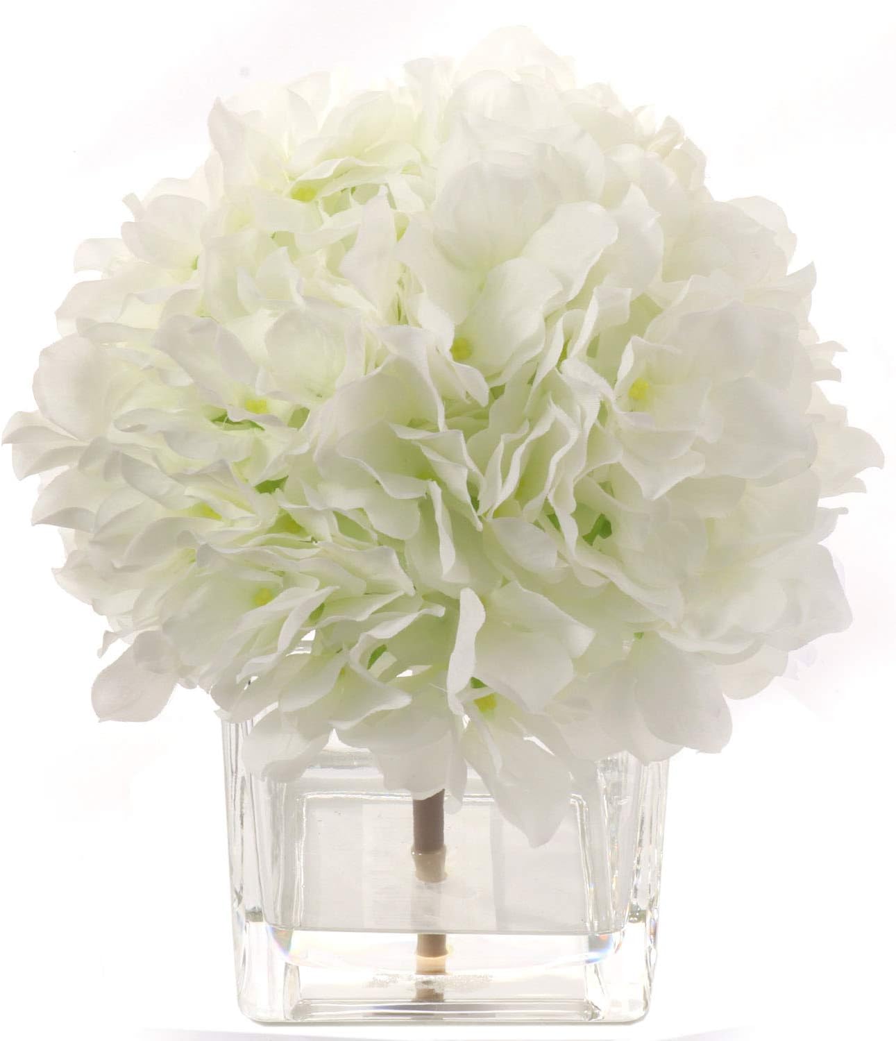Cream White Hydrangea Flower Bush Arrangement, Decorative Square Vase, Faux Water Look, Scratch Resistant Glass,, Home & Office Decor