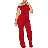 CXXQ 2 Piece Club Outfits for Women Clubwear Sexy Off Shoulder Ruched Crop Tops Bodycon Wide Leg Pant Sets Pantsuits