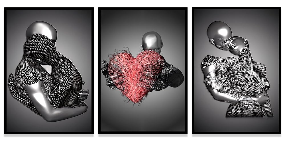 WADBTP Modern Art Metal Figure Canvas Painting Poster, Metal 3D Sculpture Effect, Romantic Lovers Hug Home Poster Set, Frameless (Style 1, 40X60CM*3)