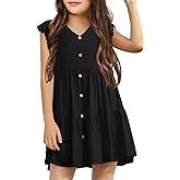Mafulus Girls Ruffle Sleeve Dress Kids V Neck Button Down Tiered Swing A-Line Summer Beach Sundress Outfit 5-14T