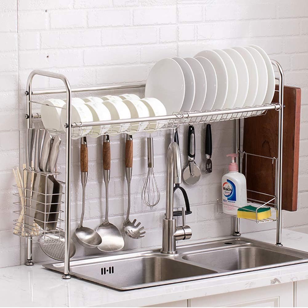 Stainless Steel Dish Rack in Sink,Large Dish Drying Rack Kitchen Aid Space Saver Organizer Storage Shelf Basket Hooks A 31inch