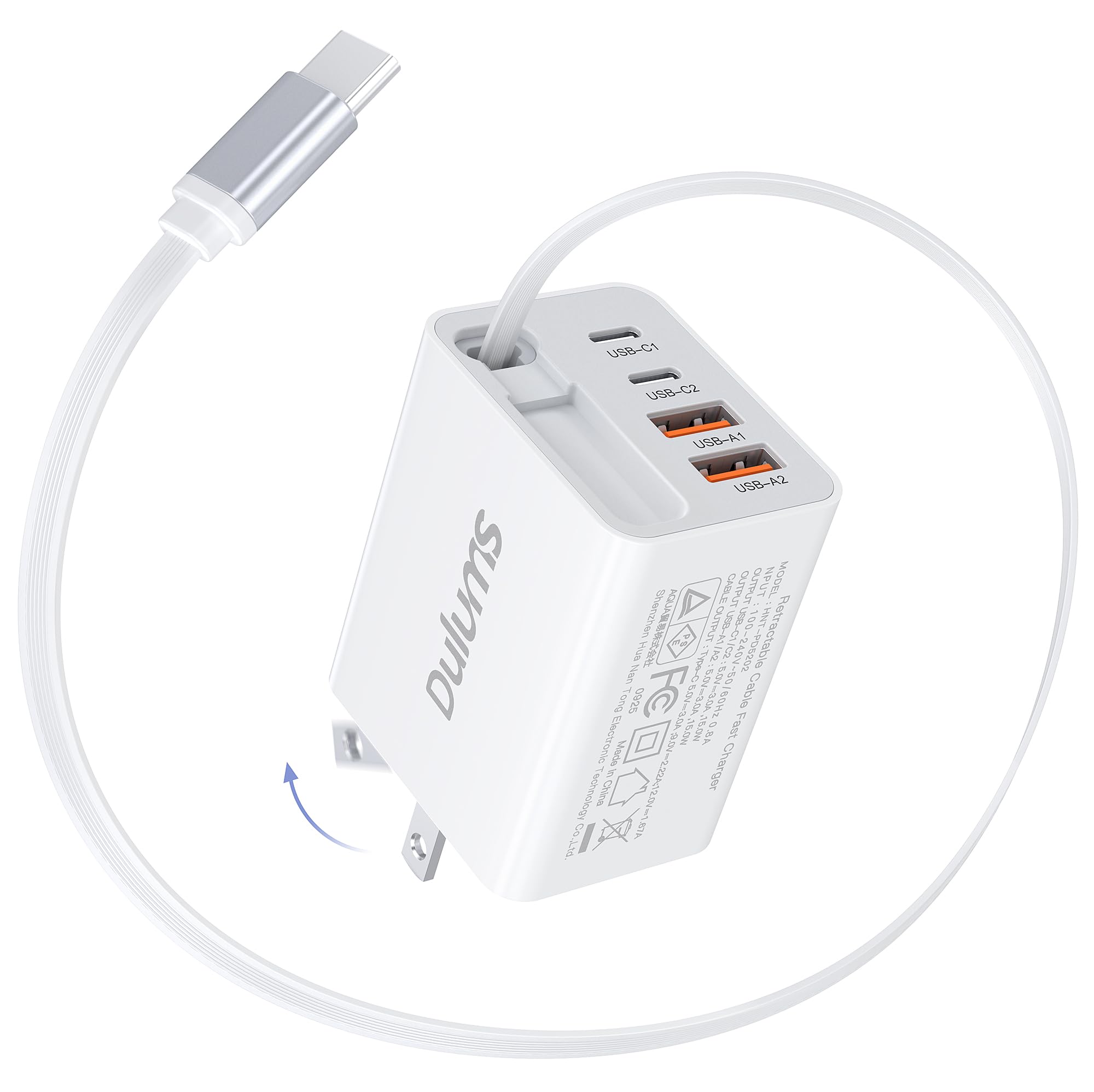 2026 Updated 40W Retractable Charger,4Port Travel Essentials Multiport,5-in-1 PD Wall Charger Block Plug+2.6ft Type C Cables, Fast Phone Charging Foldable Brick for iPhone 17/16/15 Pro Max,Galaxy
