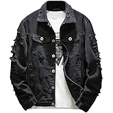 ebossy Men's Ripped Long Sleeve Fashion Distressed Motorcycle Denim Jean Jacket (X-Large, Black)